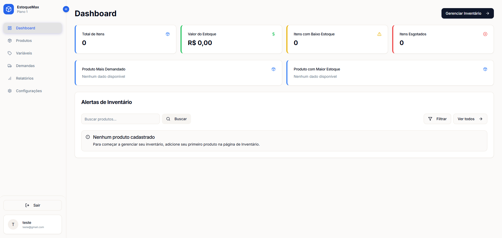 EstoqueMax dashboard - modo claro