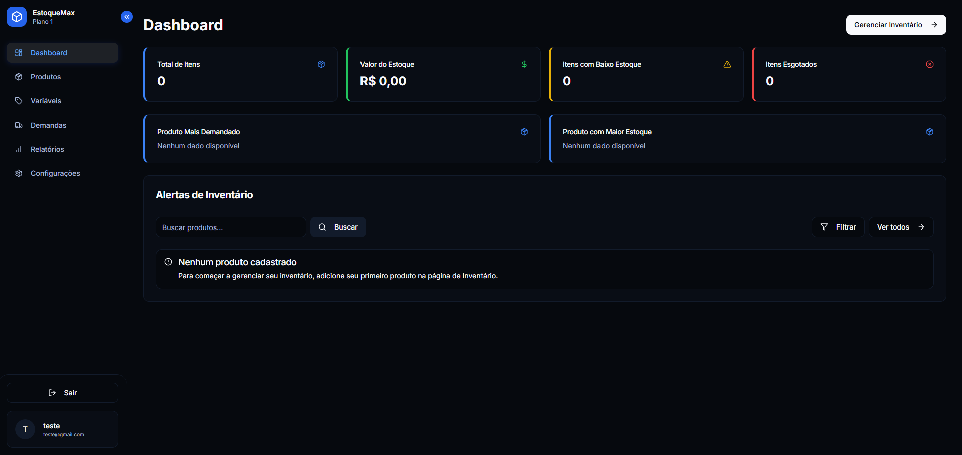 EstoqueMax dashboard - modo escuro